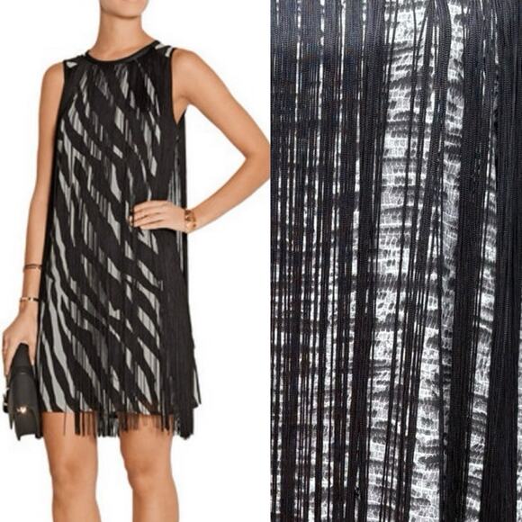 New NWT Michael Kors Black Grey Abstract Tassled Flapper Sleeveless Dress - 12 - Picture 1 of 9